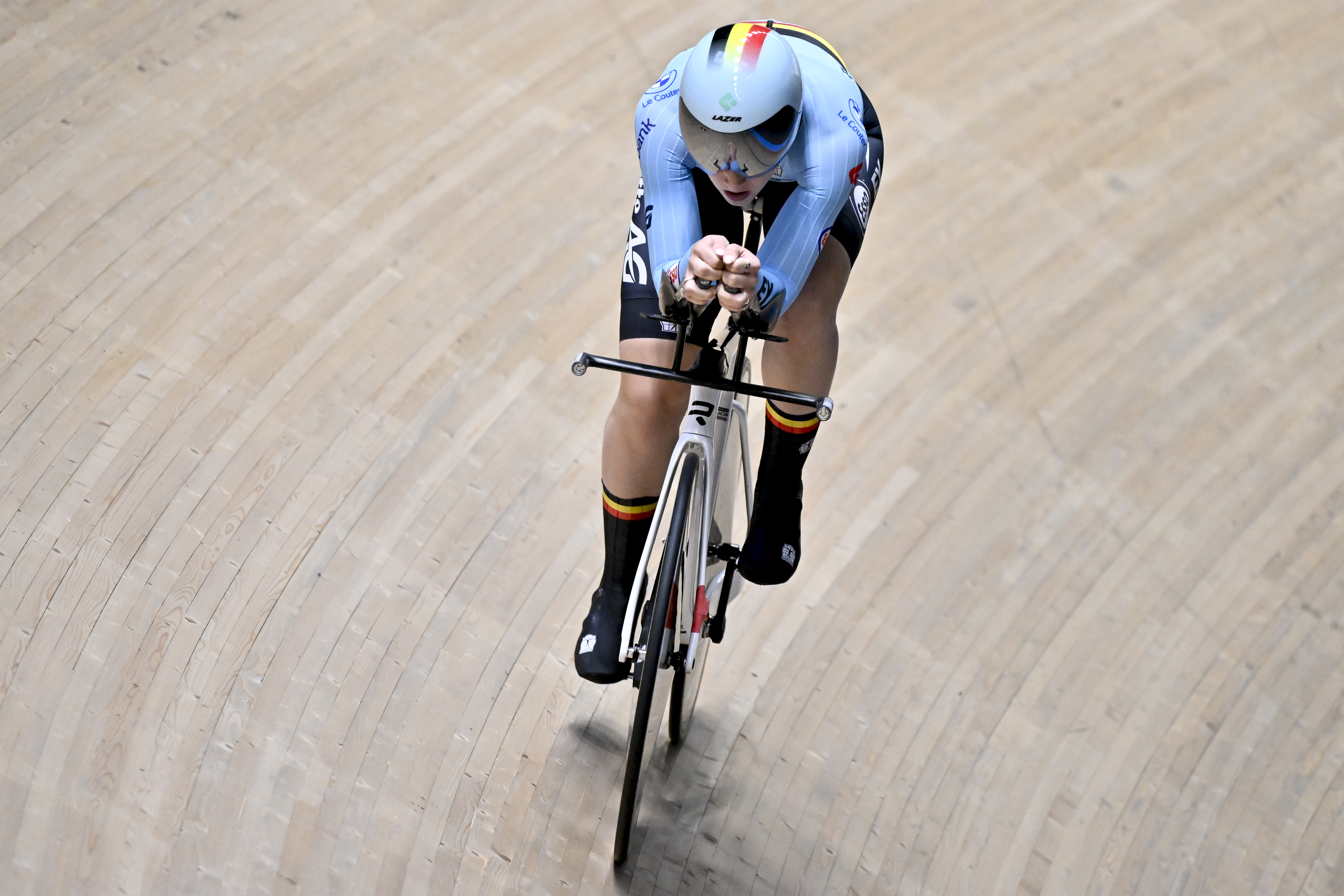 Belgian Marith Vanhove pictured in action during the women's TT Kilo qualifications at the 2025 UEC Track Elite European Championships, in Heusden-Zolder, Belgium, Saturday 15 February 2025. The European Championships take place from 12 to 16 February. BELGA PHOTO DIRK WAEM