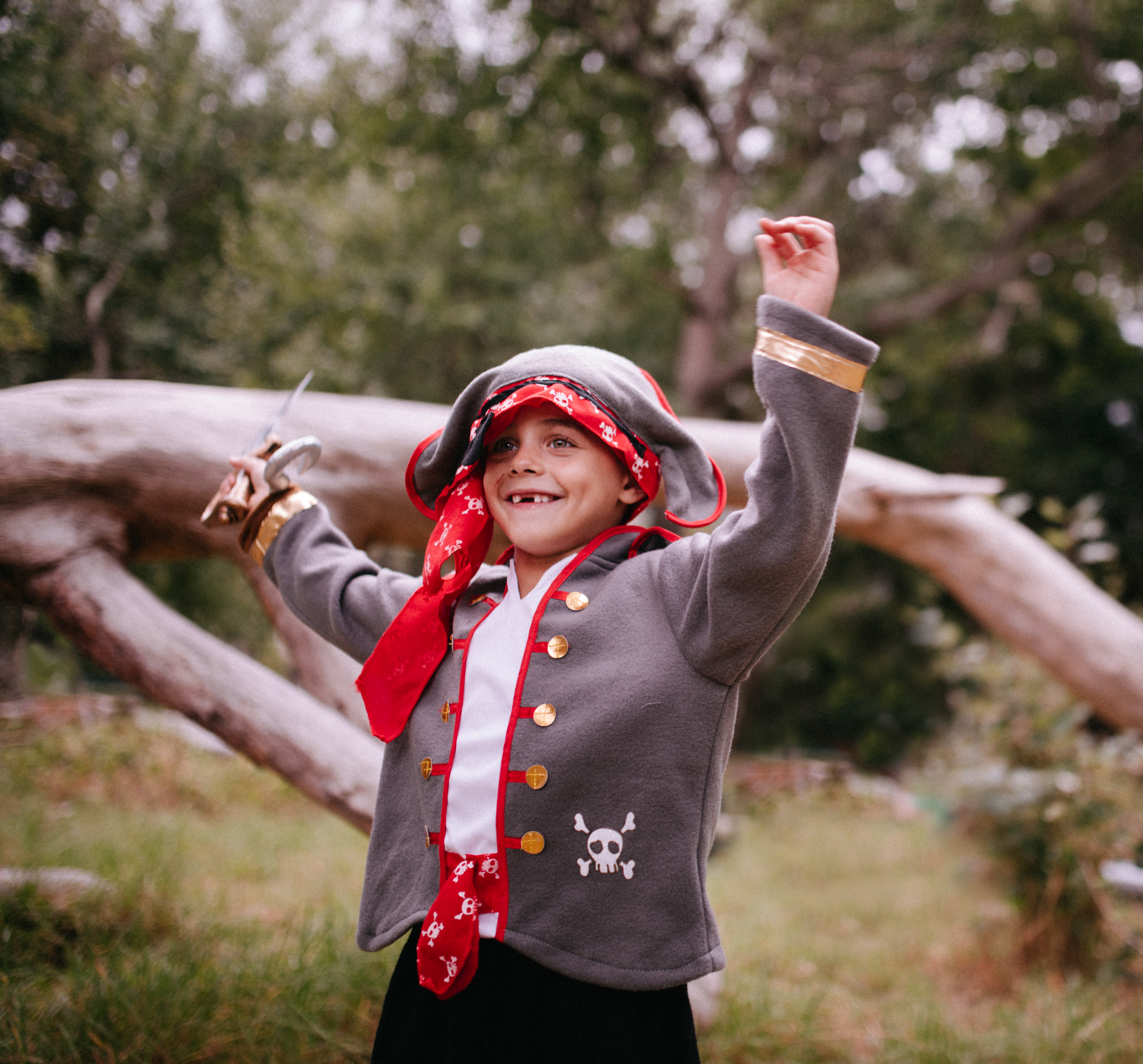 Excited little Boy dressed up as pirate grinning with toothy smile and missing some teeth. Fallen tree and log in the nature background