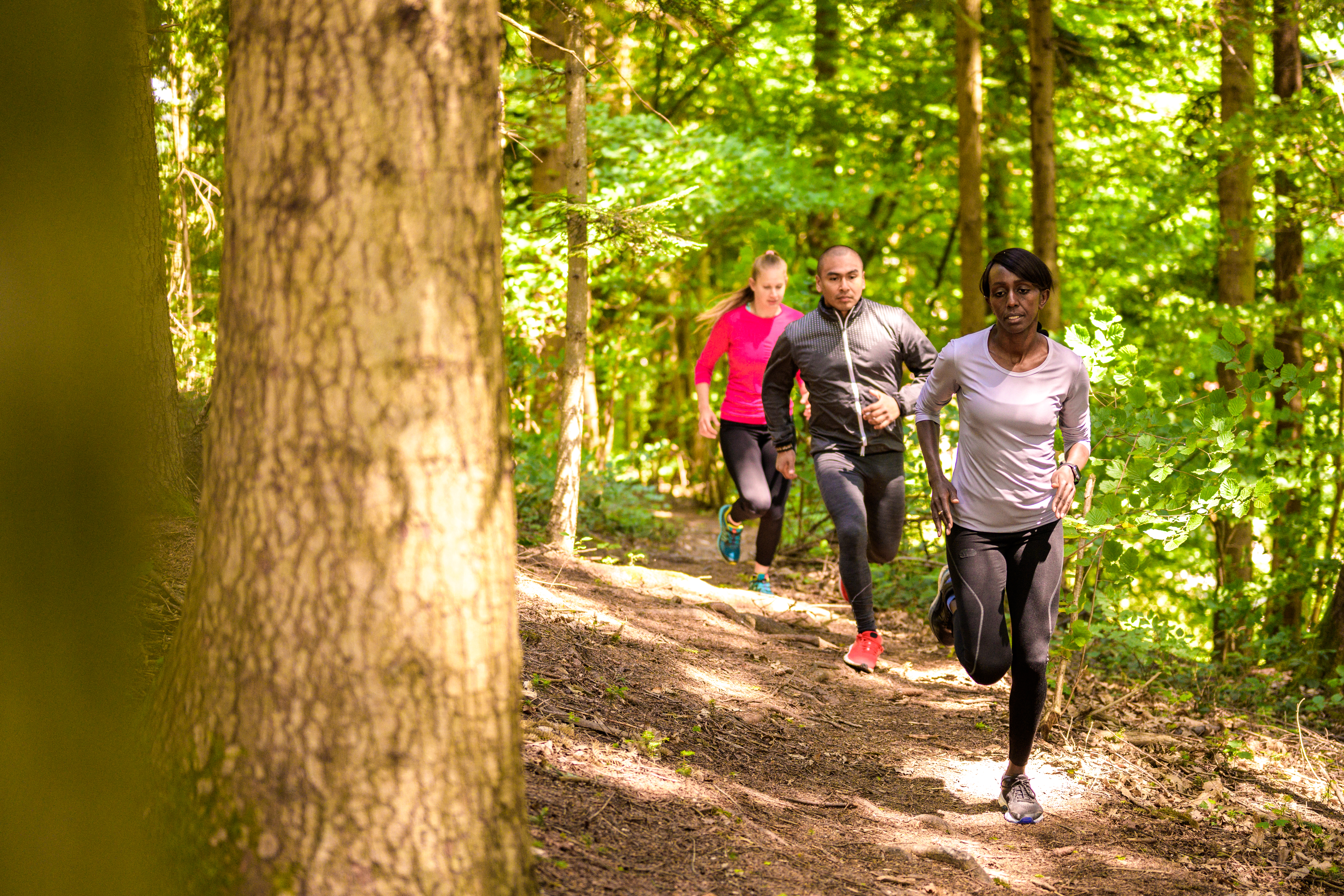 Front view of man and women running on footpath in forest.