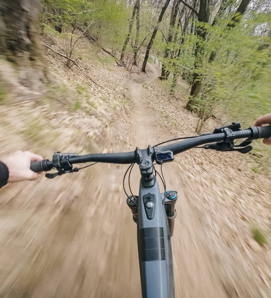 Motion blur as young man rides through springtime forest, in the Swiss Alps