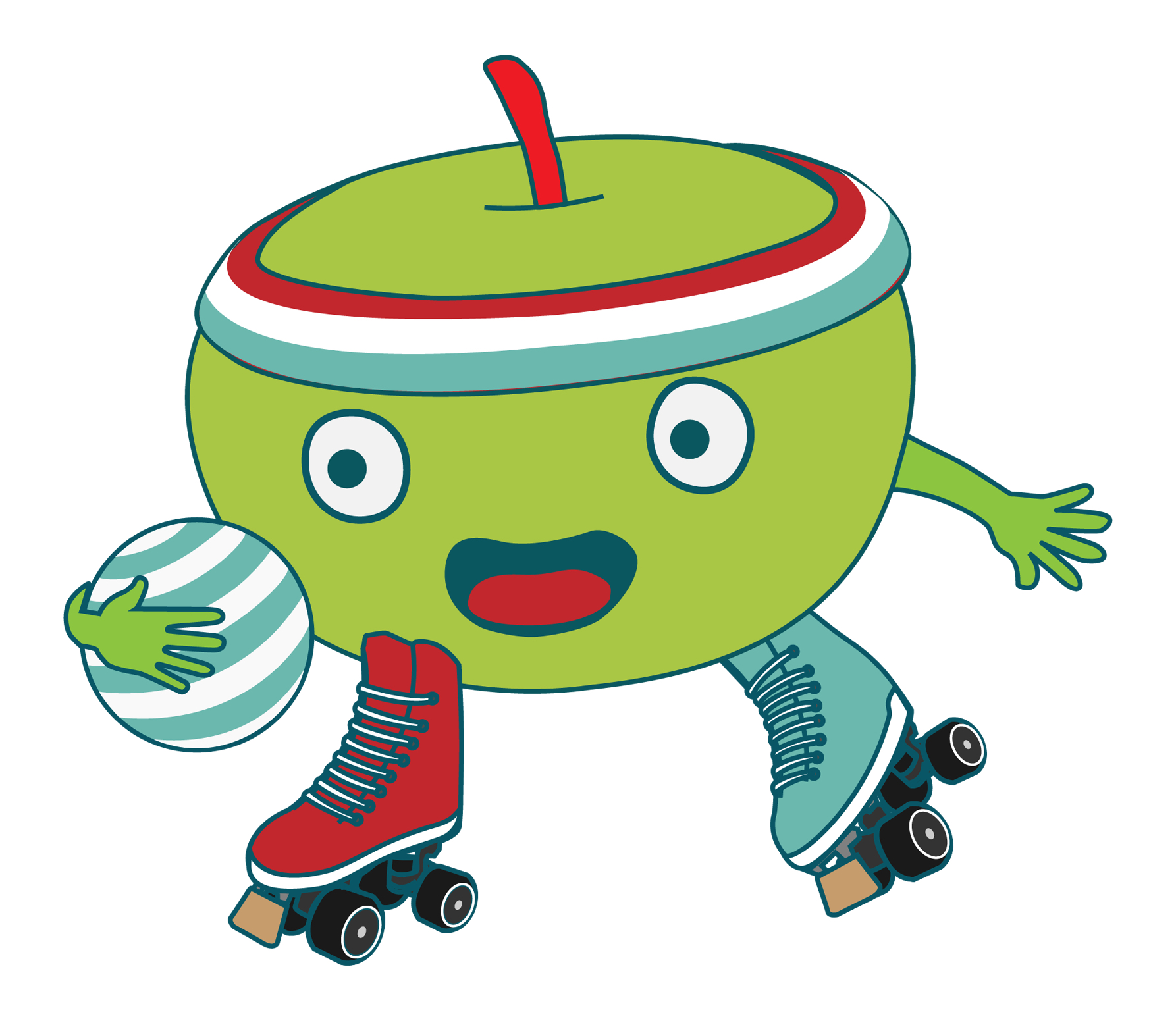 Sportsnack logo appel op skates en met bal in hand